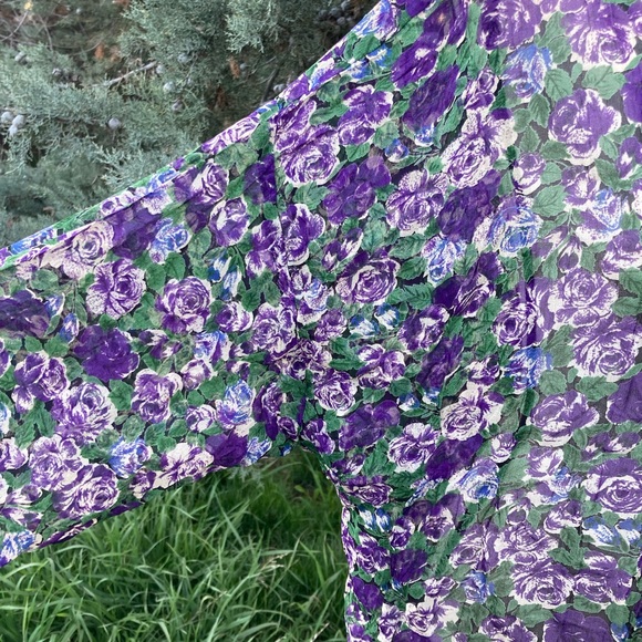 Vintage 90s Alexander Brown Floral Sheer Cardigan Lace Tie Rayon Purple Green XL - Picture 2 of 8